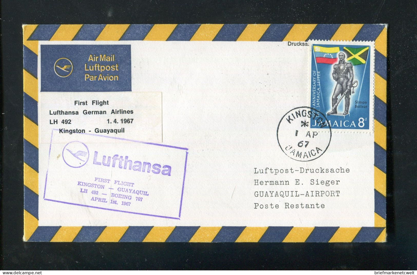 "JAMAICA" 1967, Erstflugbrief LH 492 "Kingston-Guayaquil" (B1097) - Jamaica (1962-...)