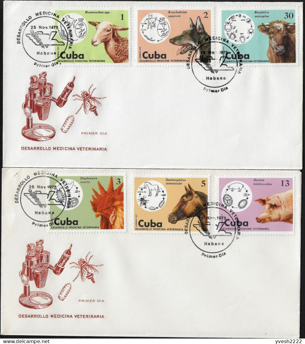 Cuba 1975 Y&T 1886 à 1891. FDC, Médecine Vétérinaire. Mouton, Chien, Coq, Cheval, Port, Bœuf - Granjas