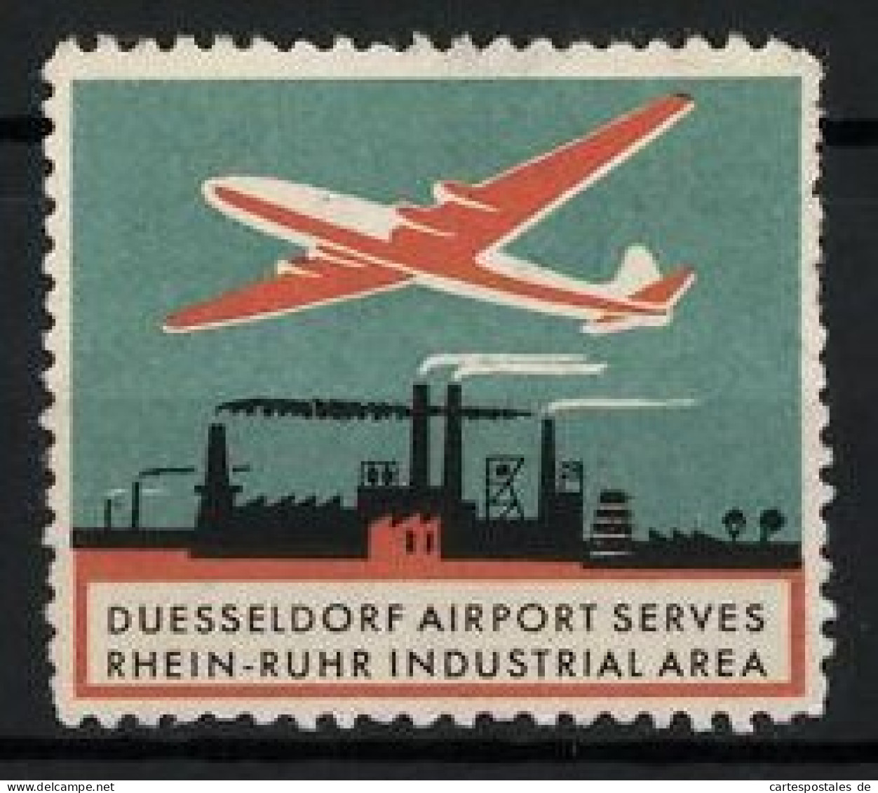 Reklamemarke Düsseldorf, Airport Serves Rhein-Ruhr Industrial Area, Fabrikansicht Und Passagierflugzeug  - Vignetten (Erinnophilie)
