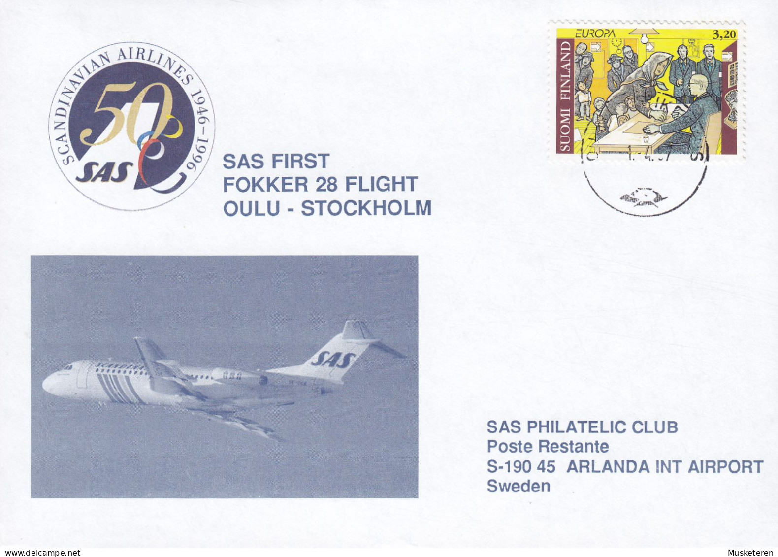 Finland SAS First Fokker 28 Flight OULO-STOCKHOLM 1997 Cover Brief Lettre Europa CEPT Stamp (2 Scans) - Briefe U. Dokumente