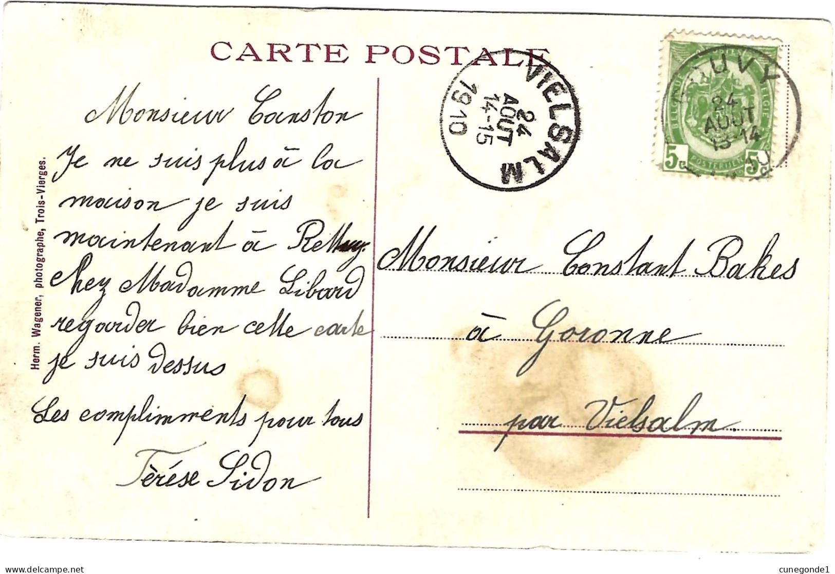 CPA OURTHE ( GOUVY ) : Café De L'Ourthe - Corn. Schmitz - Circulée En 1910 - Herm. Wagener, Phot. Trois Vierges  2 Scans - Gouvy
