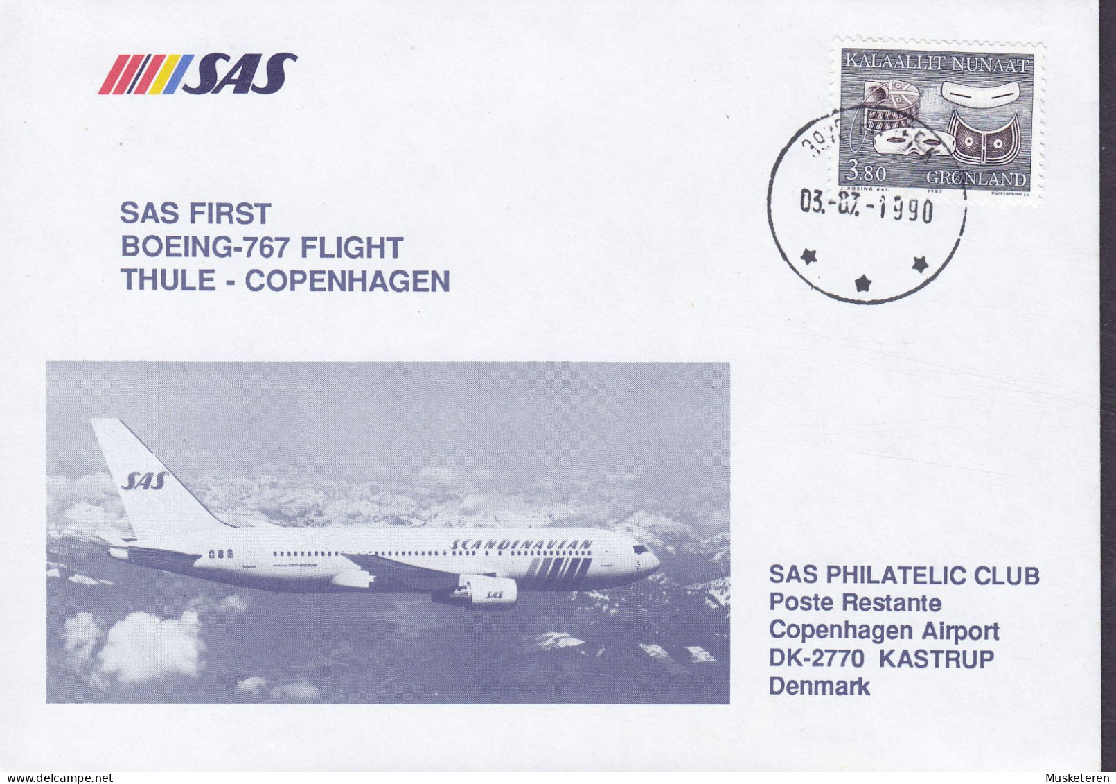 Greenland SAS First Boeing-767 Flight THULE-COPENHAGEN 1990 Cover Brief Lettre Europa Schneebrillen (2 Scans) - Briefe U. Dokumente