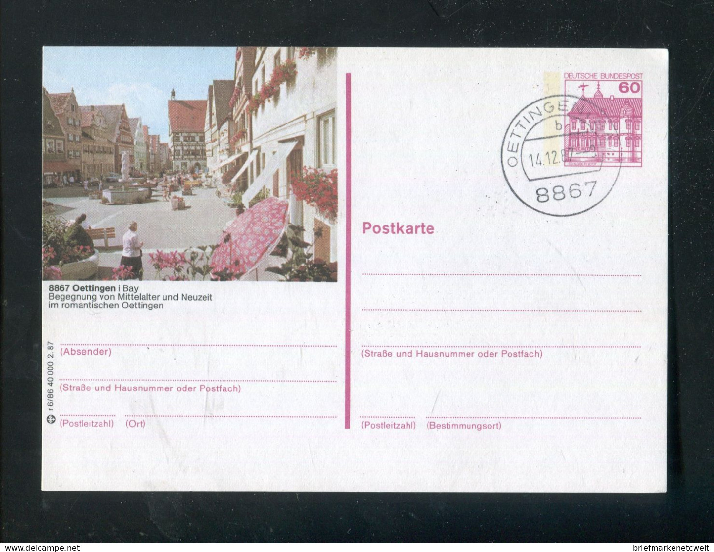 "BUNDESREPUBLIK DEUTSCHLAND" 1987, Bildpostkarte Mit Bildgleichem Stempel Ex "OETTINGEN" (B1109) - Bildpostkarten - Gebraucht