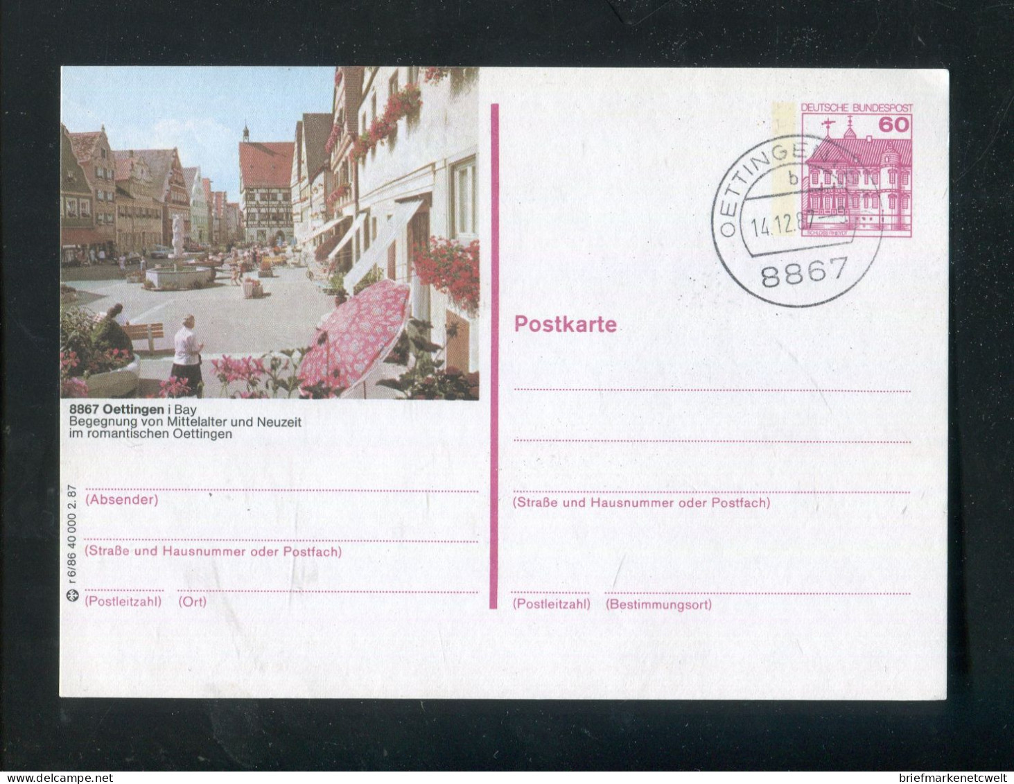 "BUNDESREPUBLIK DEUTSCHLAND" 1987, Bildpostkarte Mit Bildgleichem Stempel Ex "OETTINGEN" (B1109) - Cartes Postales Illustrées - Oblitérées