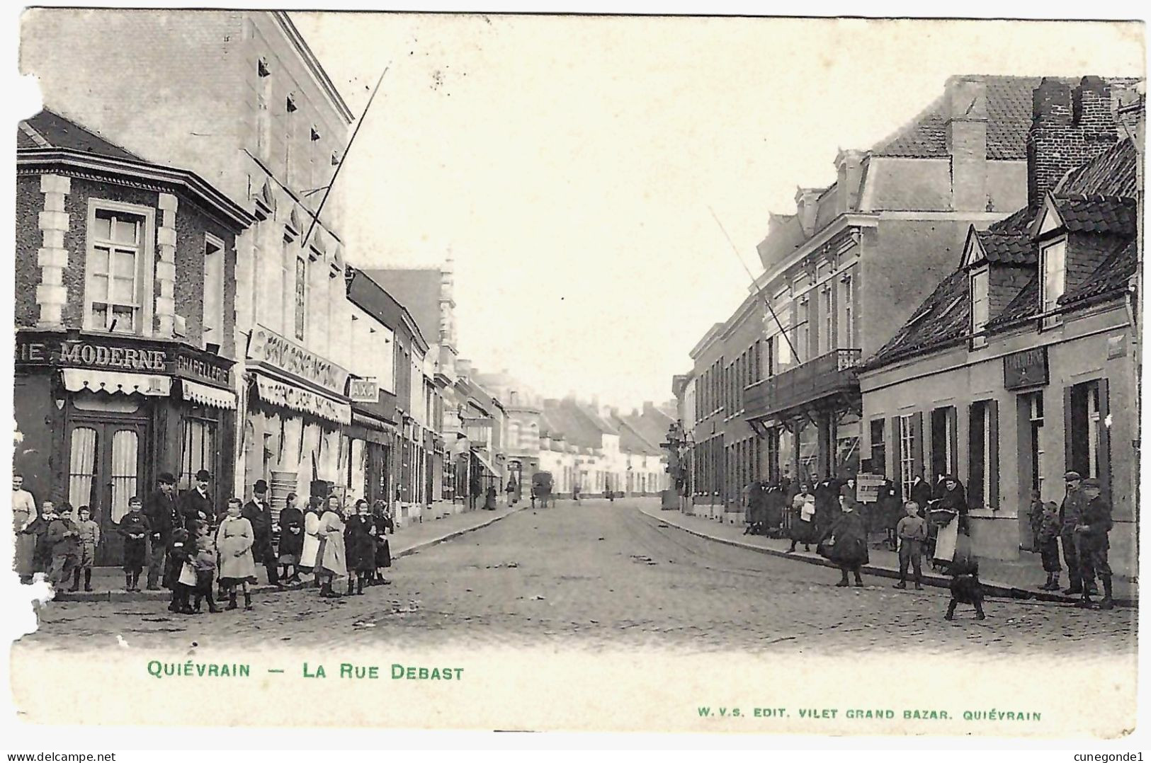 CPA QUIEVRAIN : La Rue Debast ( Bien Animée Chapellerie, Commerces Etc...) Circulée 1908 - Ed Vilet GB Quiévrain - Quiévrain