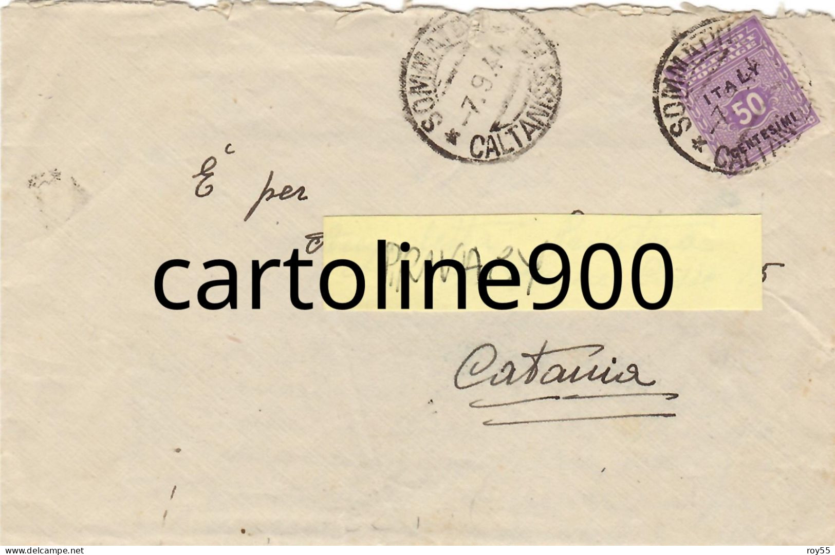 Storia Postale Occupazione Anglo Americana Busta Viaggiata Con 50 Cent Isolato Da Caltanissetta A Catania Nel 1944 - Anglo-Amerik. Bez.: Sicilë