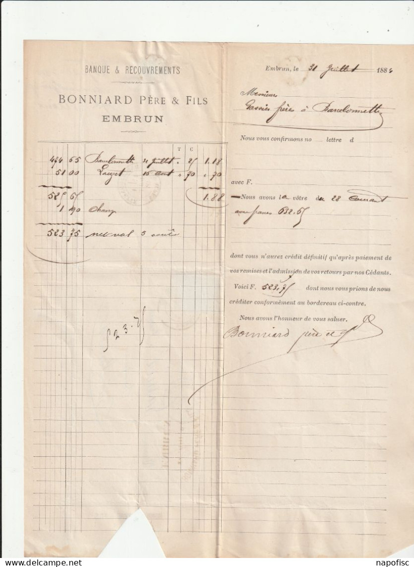 05-Bonniard Père & Fils...Banque & Recouvrements..Embrun..(Hautes-Alpes)...1884 - Banco & Caja De Ahorros