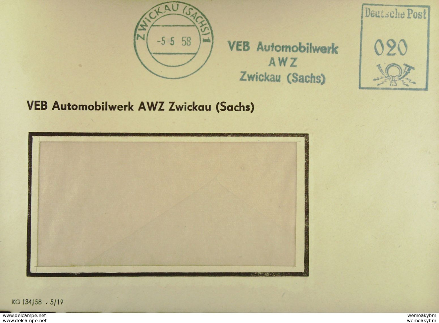 DDR: Brief Mit AFS Deutsche Post =020= ZWICKAU (SACHS) 5.5.58 "VEB Automobilwerk AWZ Zwickau (Sachs)" - Maschinenstempel (EMA)