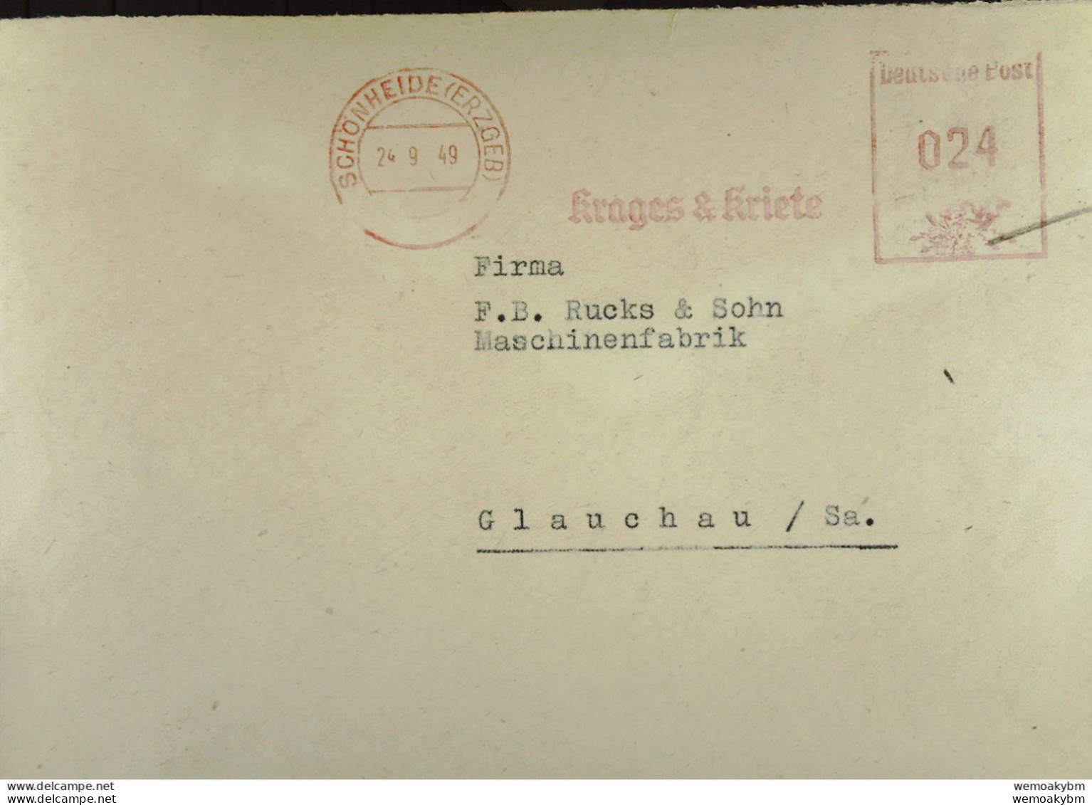 DDR: Brief Mit AFS Deutsche Post =024= SCHÖNHEIDE (ERZGEB) Vom 24.9.49 "Krages & Kriete" Holzfaserplattenwerke - Máquinas Franqueo (EMA)