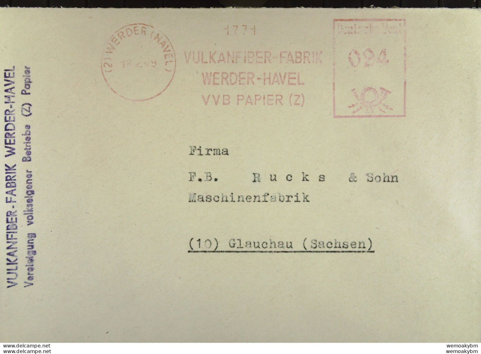 DDR: Brief Mit AFS Deutsche Post =024= WERDER (HAVEL) 18.2.49 "Vulkanfiber-Fabrik Werder-Havel VVB PAPIER (Z)" - Machines à Affranchir (EMA)