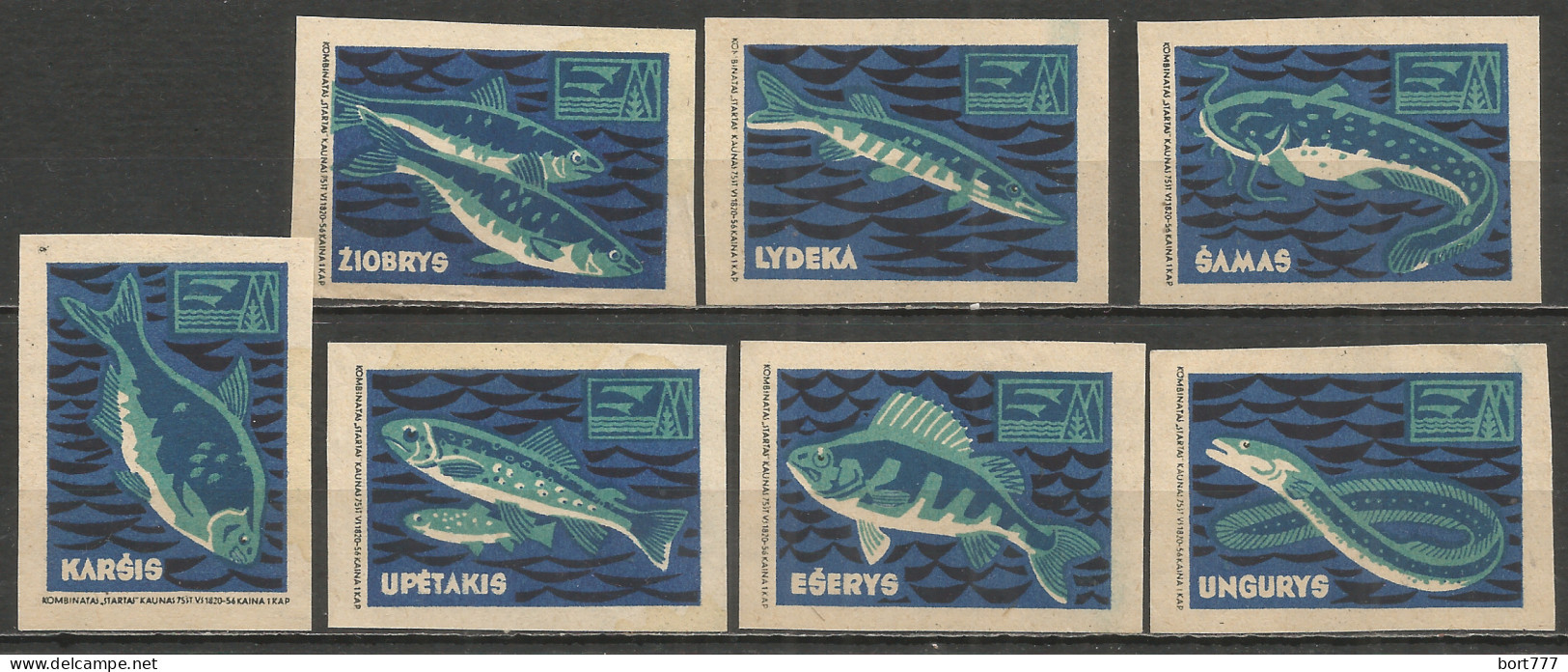 Lithuania UdSSR 7 Old Matchbox Labels Fish - Matchbox Labels