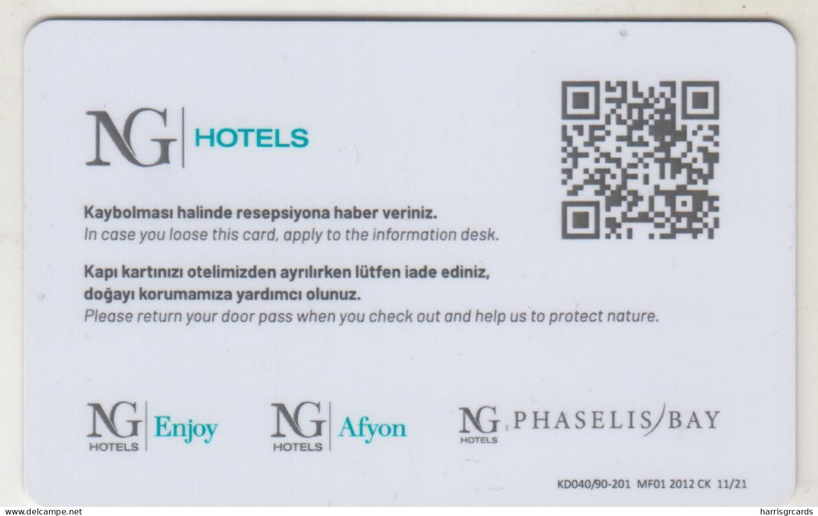 TURKEY Hotel Keycard - NG Hotels Sapanca ,used - Cartas De Hotels