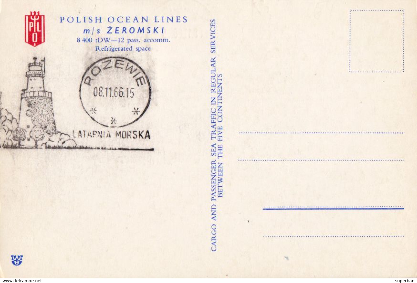 GENERAL CARGO SHIP : M/S "ŻEROMSKY" - POLISH OCEAN LINES - CARTE MAXIMUM / MAXIMUM CARD : ROZEWIE / 08.11.1966 (an546) - Commerce