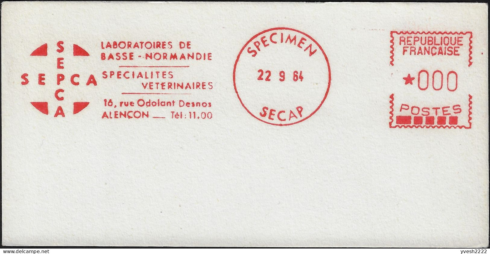 France 1964 Spécimen D'empreinte De Machine à Affranchir Secap. Sepca Alençon, Laboratoire, Spécialités Vétérinaires - Katten