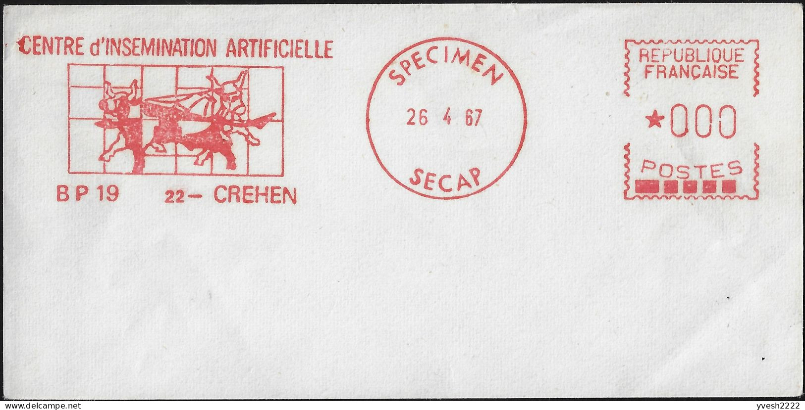 France 1967 Spécimen D'empreinte De Machine à Affranchir Secap. Centre D'insémination Artificielles, Créhen. Vaches - Cows