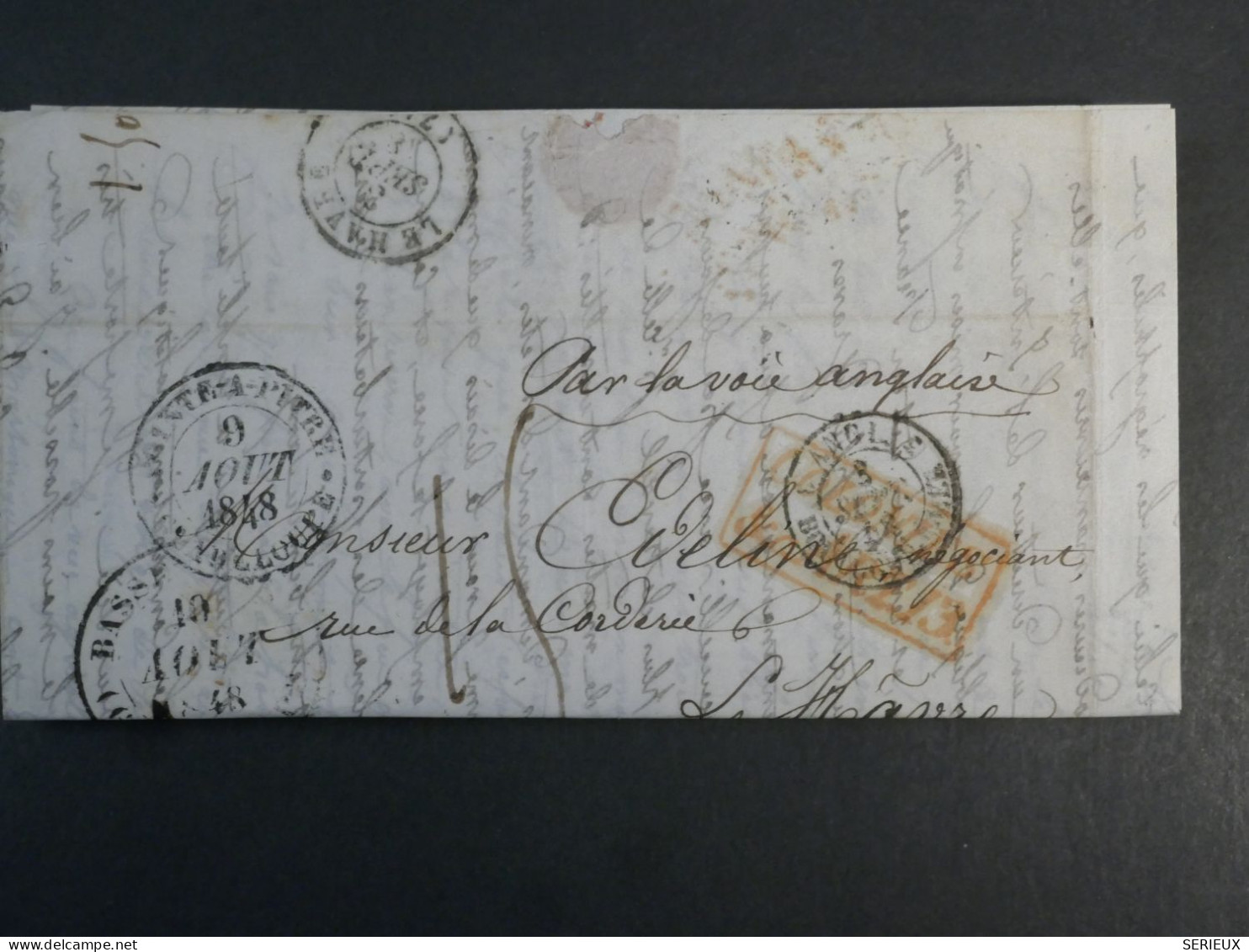 DN3 GUADELOUPE  BELLE LETTRE 1848 BASSE TERRE AU HAVRE VOIE ANGLAISE  +COLONIES+AFF. INTERESSANT++ - Storia Postale