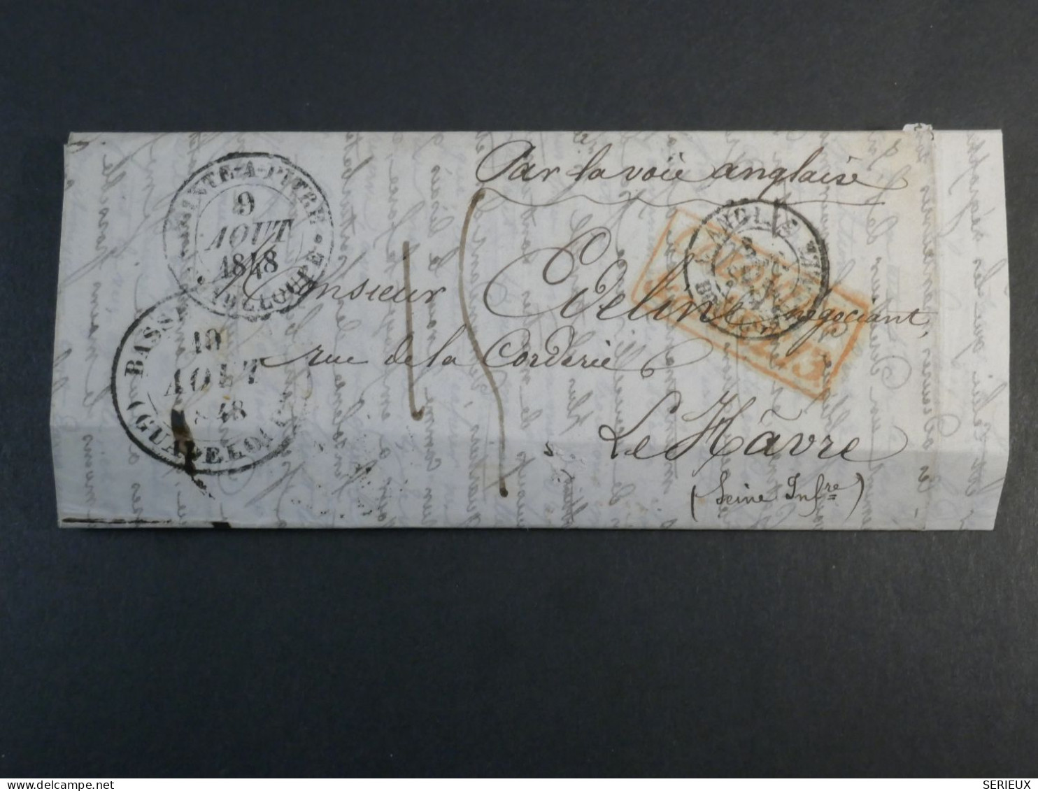 DN3 GUADELOUPE  BELLE LETTRE 1848 BASSE TERRE AU HAVRE VOIE ANGLAISE  +COLONIES+AFF. INTERESSANT++ - Cartas & Documentos