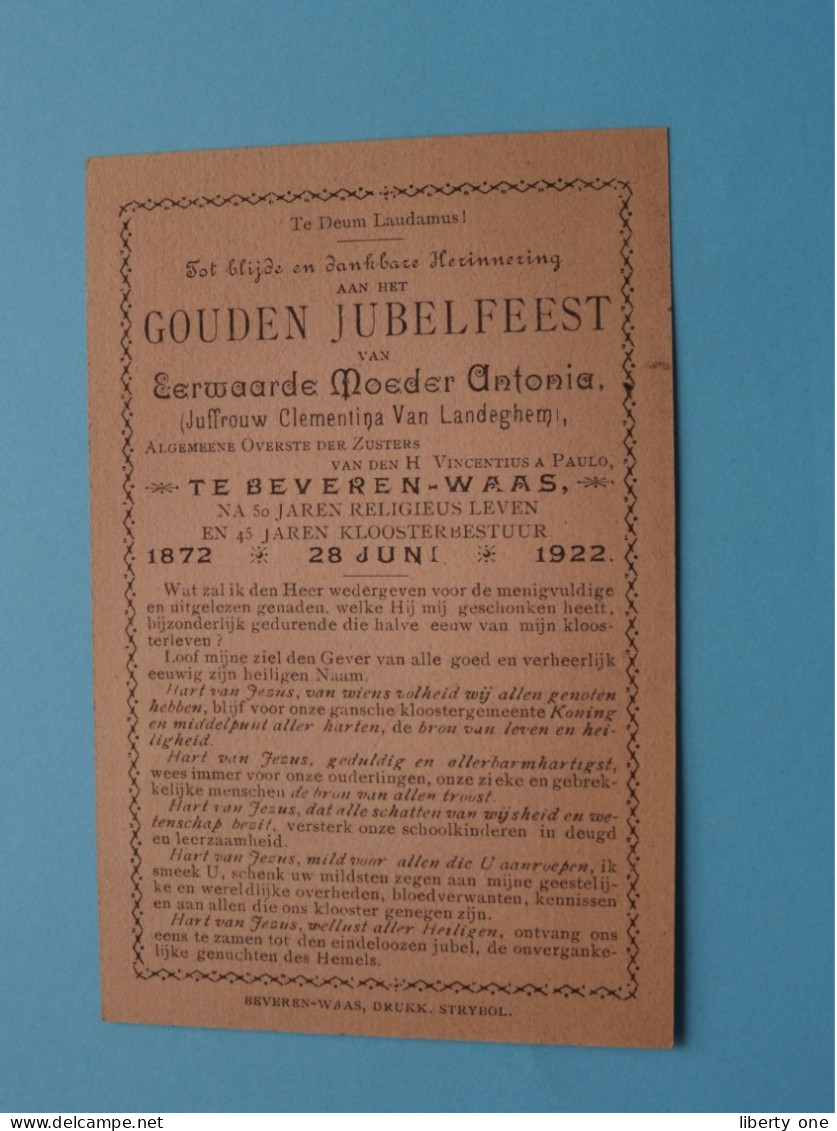 Gouden JUBELFEEST Van E.M. Antonia ( Clementina Van Landeghem ) BEVEREN-WAAS 1872 - 28 Juni - 1922 ( Zie SCANS ) ! - Religion &  Esoterik