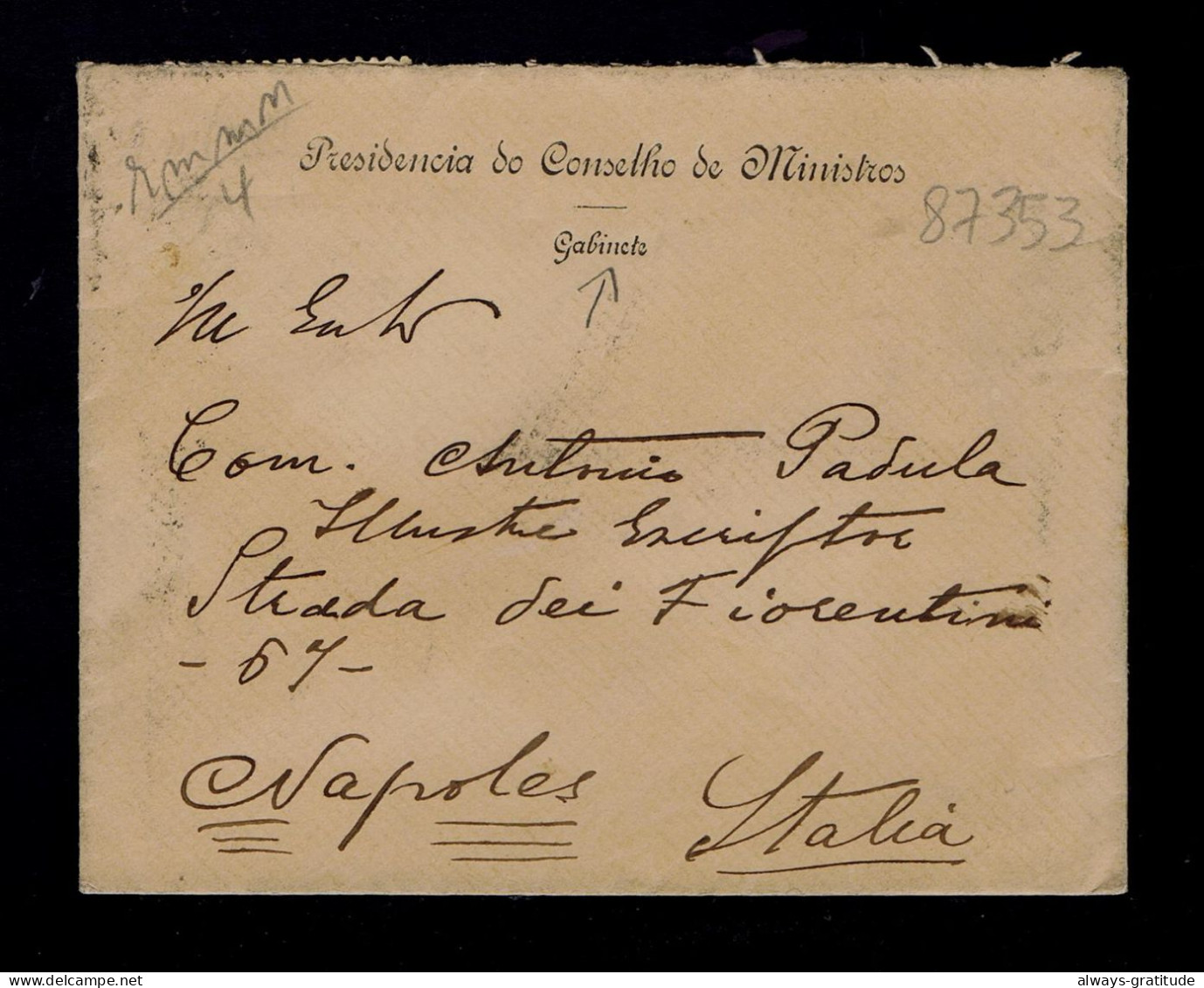 Sp87353 PORTUGAL 1903 Presidence Ministerial Council Mailed Napoles - Andere & Zonder Classificatie