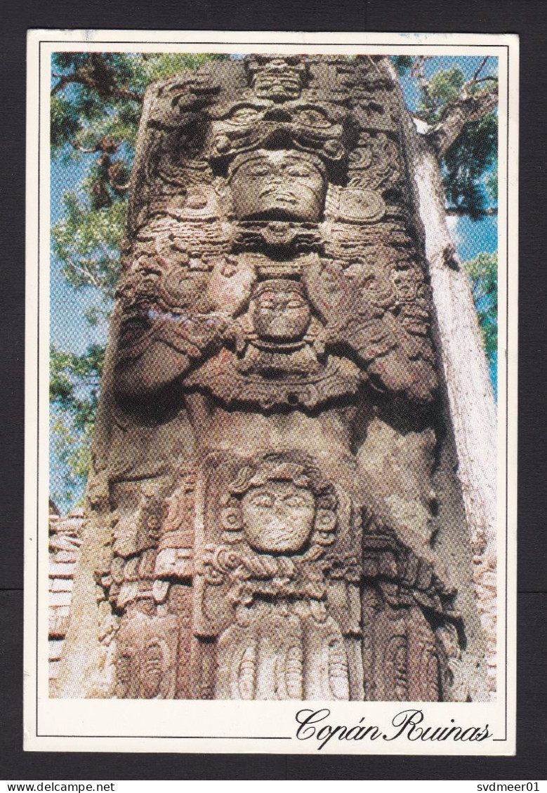 Honduras: Picture Postcard To USA, 1994, 1 Stamp, Airplane, Aviation, Card: Copan Ruins (stamp Damaged) - Honduras