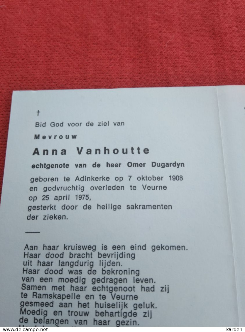 Doodsprentje Anna Vanhoutte / Adinkerke 7/10/1908 Veurne 25/4/1975 ( Omer Dugardyn ) - Religion &  Esoterik