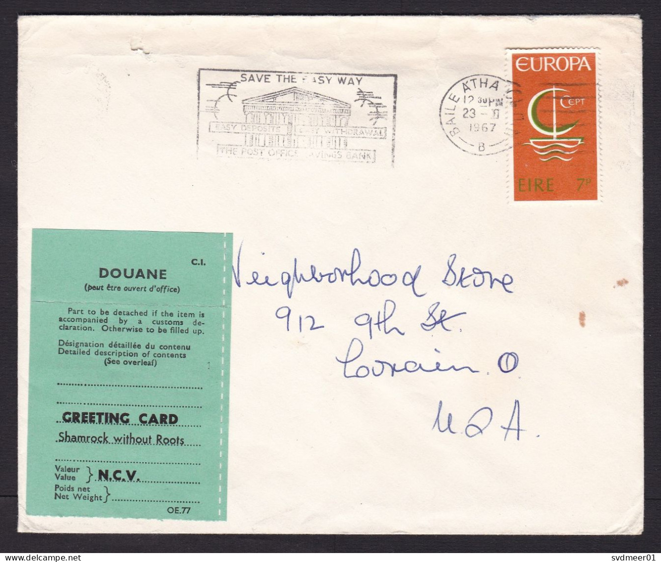 Ireland: Cover To USA, 1967, 1 Stamp, Europa, CEPT, Uncommon C1 Customs Declaration Label (minor Damage, See Scan) - Storia Postale