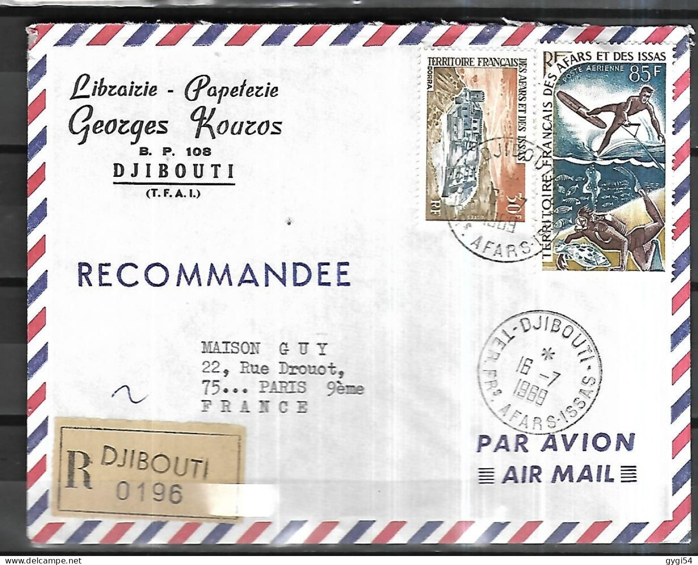 Afars Et Issas Lettre Recommandée Par Avion Du 16 07 1969 De Djibouti Pour Paris - Lettres & Documents