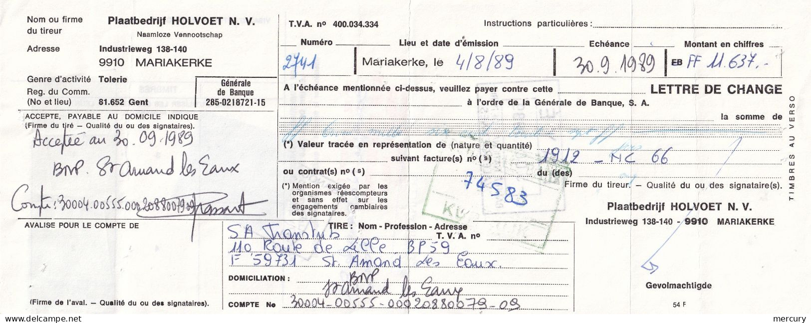 Lettre De Change Belge Pour La France Du 4/8/89 - 2 Scans - Letras De Cambio