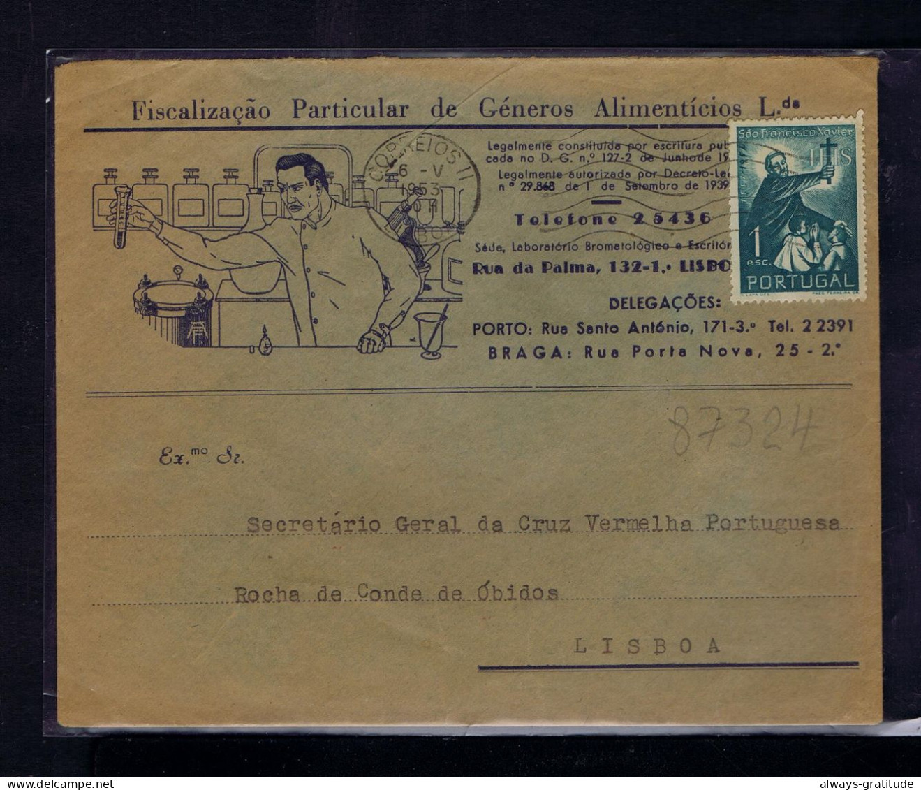 Sp87324 PORTUGAL Pré- ASAE 1953 Publicitary Cover /particular Fiscalização Alimentar Lda RARE Food Alimentation Portugal - Alimentación