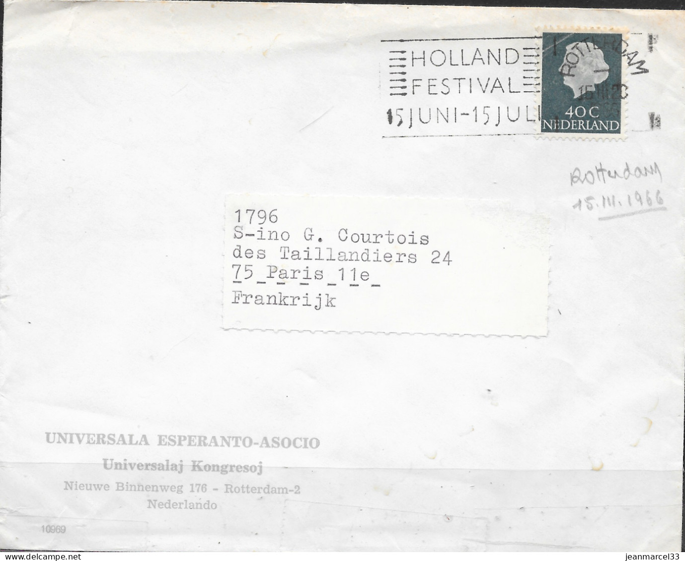 Flamme De Rotterdam 15-III 1966 " Holland Festival I5 Juni-15 Juli - Postal History