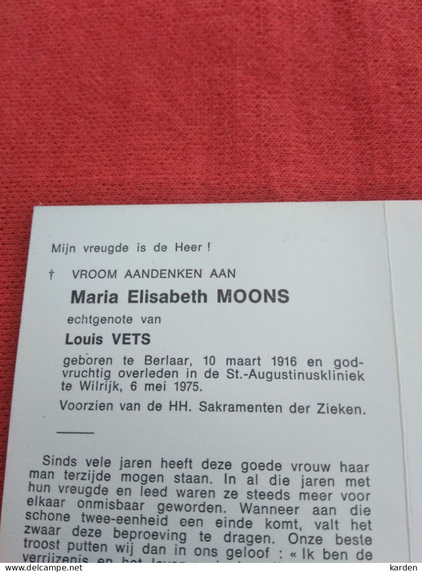 Doodsprentje Maria Elisabeth Moons / Berlaar 10/3/1916 Wilrijk 6/5/1975 ( Louis Vets ) - Religion &  Esoterik