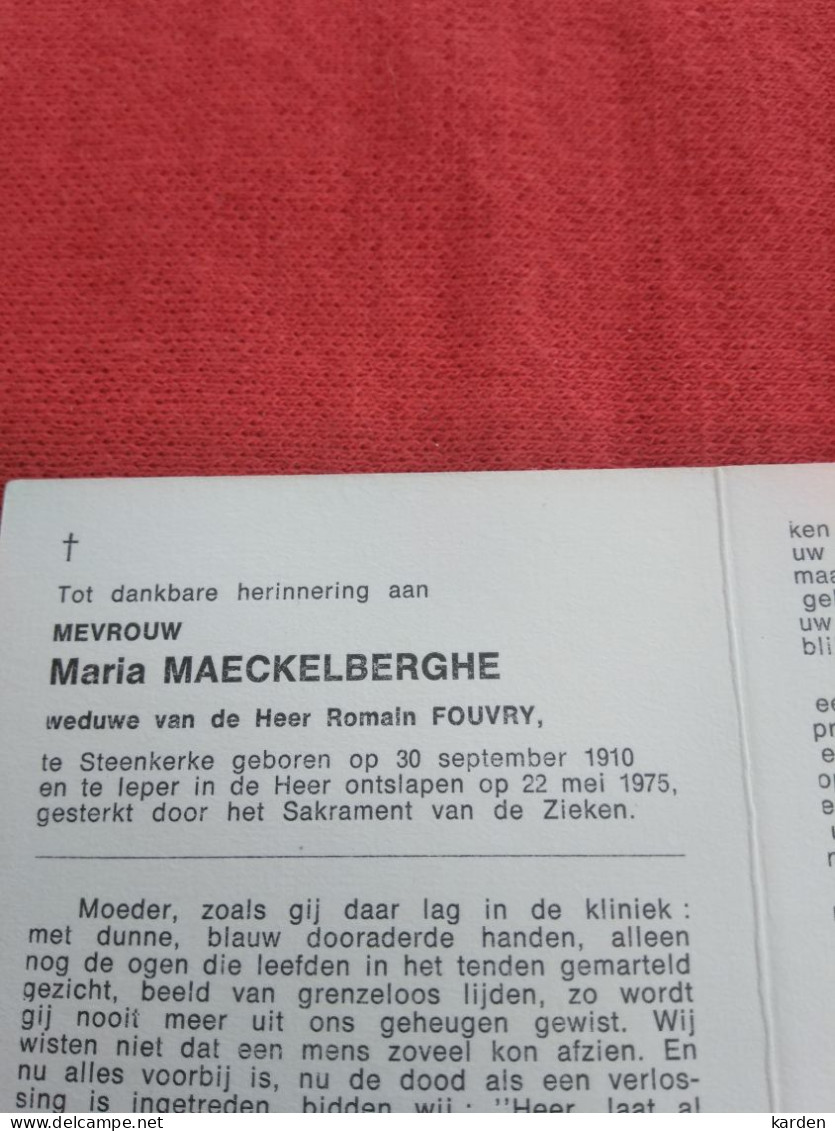 Doodsprentje Maria Maeckelberghe / Steenkerke 30/9/1910 Ieper 22/5/1975 ( Romain Fouvry ) - Religion &  Esoterik