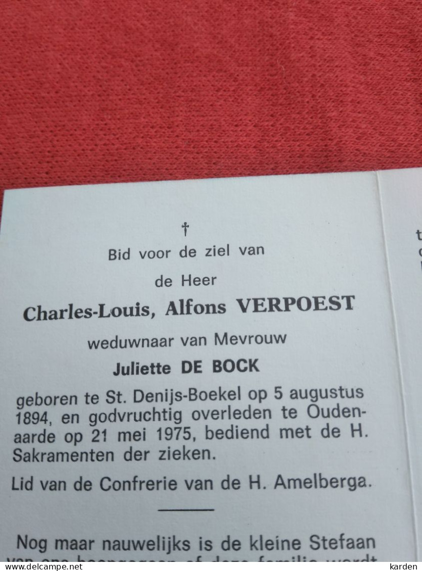 Doodsprentje Charles Louis Alfons Verpoest /Sint Denijs Boekel  5/8/1894  Oudenaarde 21/5/1975 / Juliette De Bock ) - Religion &  Esoterik