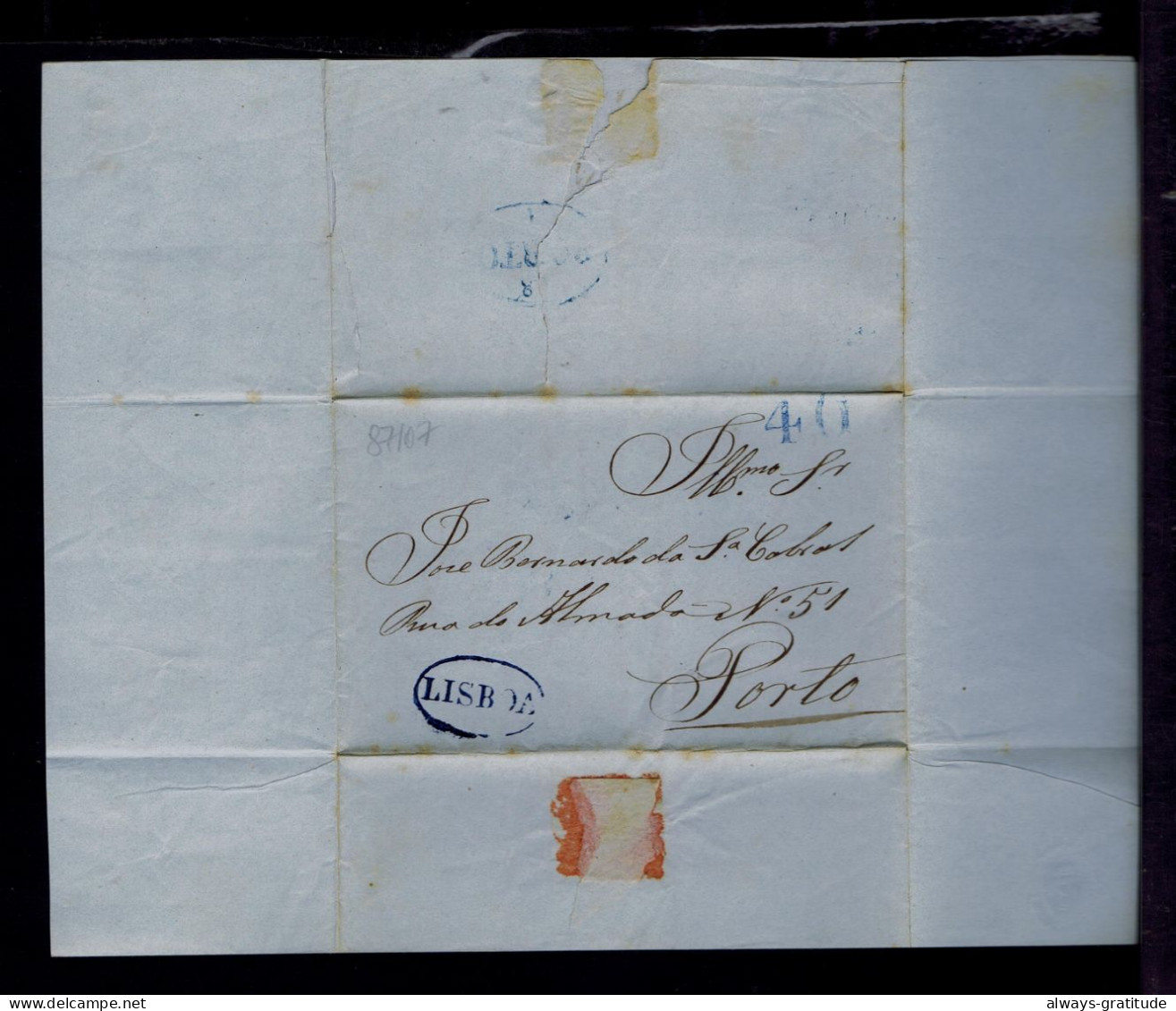 Sp87107 PORTUGAL  Cover 1842-01-15  Mailed 40 R. LISBOA Pmk »Porto - ...-1853 Préphilatélie