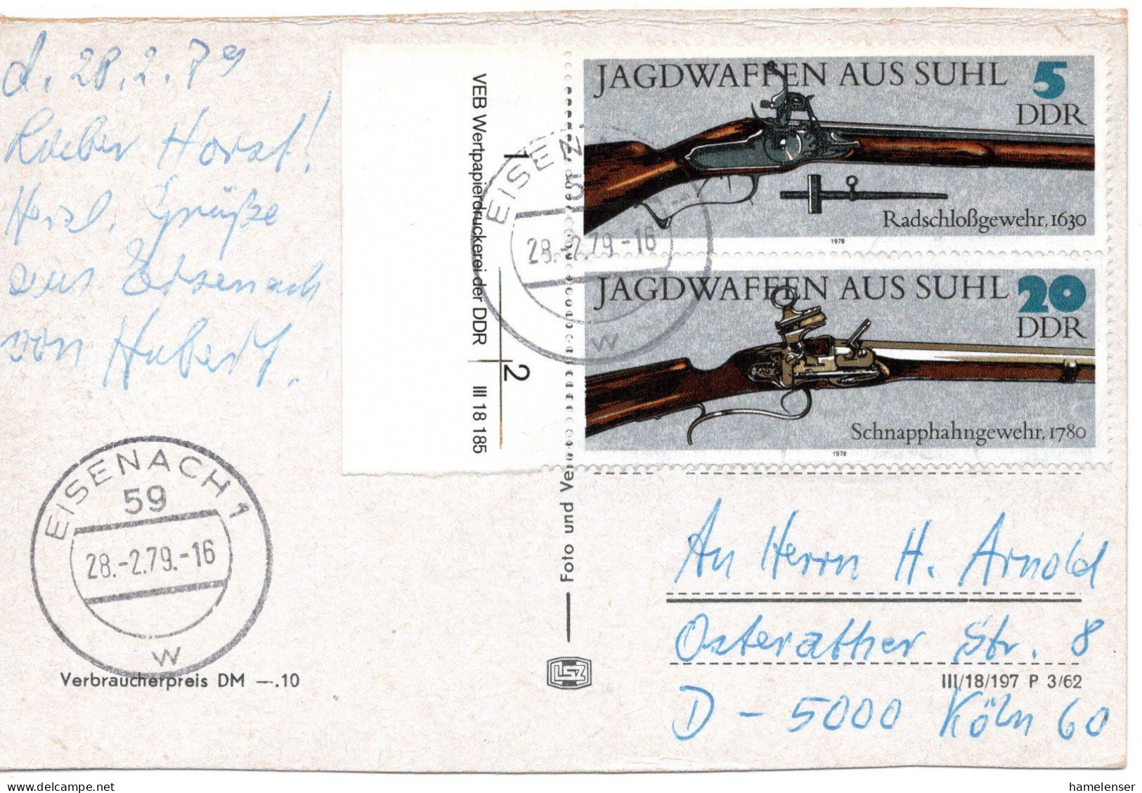 63485 - DDR - 1979 - 5+20Pfg Jagdwaffen ZDr A AnsKte EISENACH -> Westdeutschland - Lettres & Documents