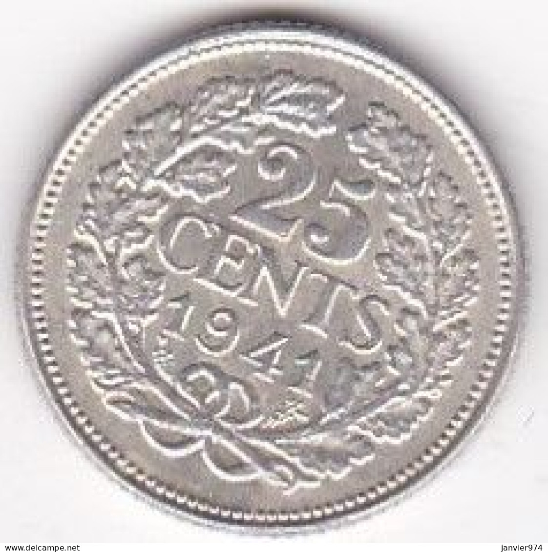 Pays Bas 25 Cents 1941 Wilhelmina, En Argent , KM# 164, SUP/XF - 25 Centavos