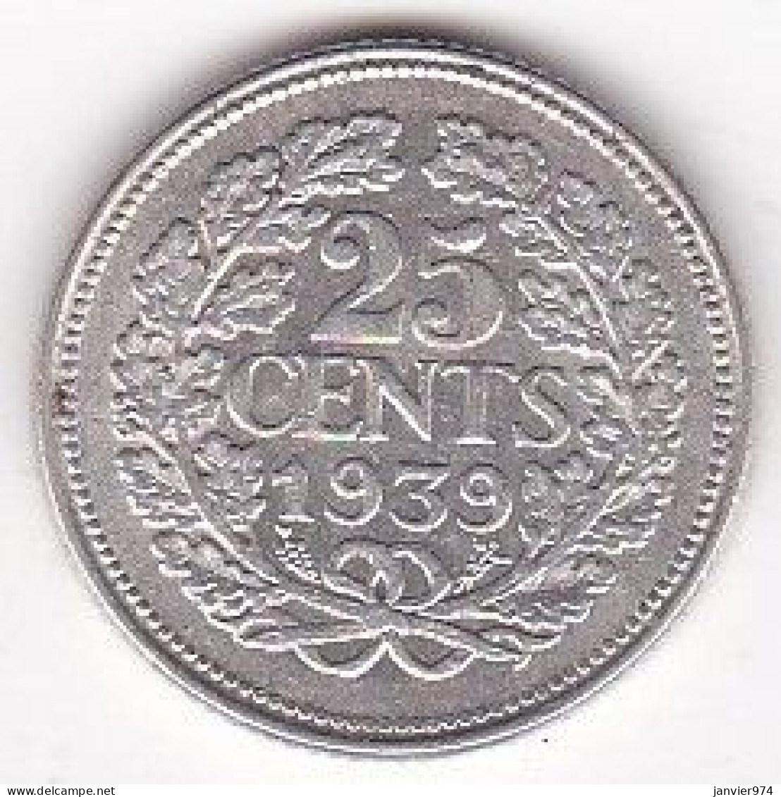 Pays Bas 25 Cents 1939 Wilhelmina, En Argent , KM# 164, SUP/XF - 25 Centavos