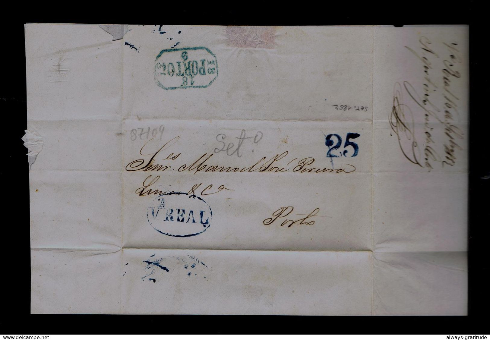 Sp87109 PORTUGAL  Cover 1852-09-16 Mailed 25 R. V.A REAL  Pmk »Porto - ...-1853 Prephilately