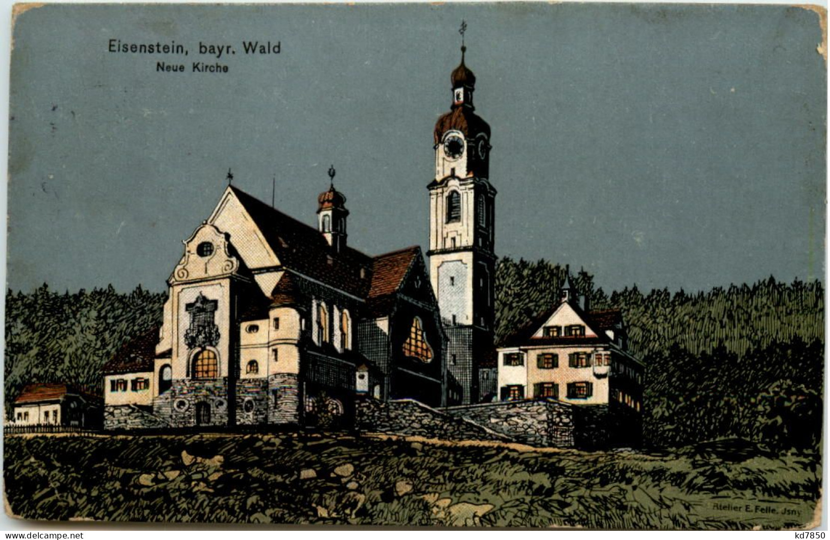 Eisenstein - Neue Kirche - Künstler-AK Eugen Felle - Regen