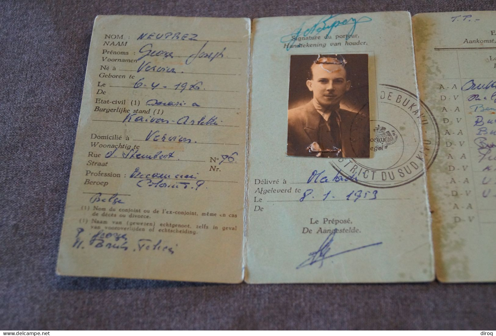 Congo Belge 1953,Province Du Kivu,Matadi,ancienne Attestation D'immatriculation,originale Pour Collection - Historische Dokumente