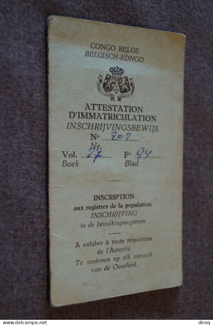 Congo Belge 1953,Province Du Kivu,Matadi,ancienne Attestation D'immatriculation,originale Pour Collection - Documents Historiques