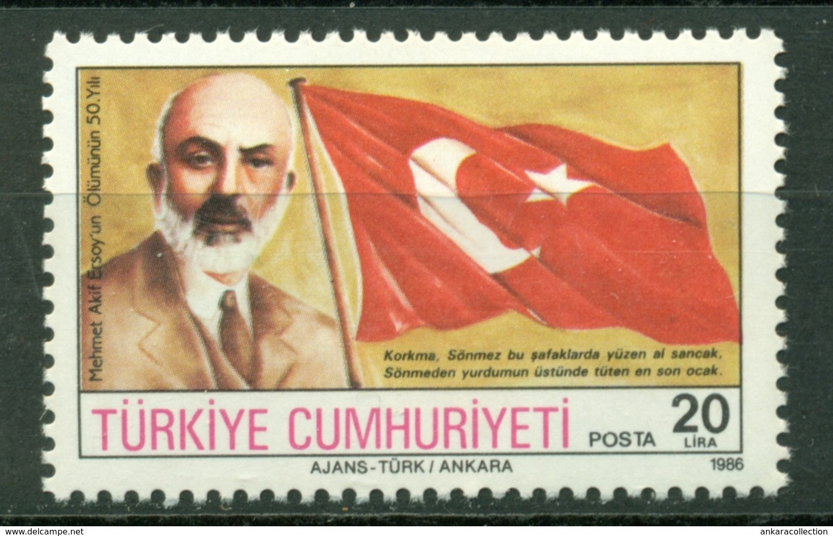 AC - TURKEY STAMP -  50th DEATH ANNIVERSARY OF MEHMET AKIF ERSOY POET NATIONAL ANTHEM WRITER MNH 27 DECEMBER 1986 - Unused Stamps