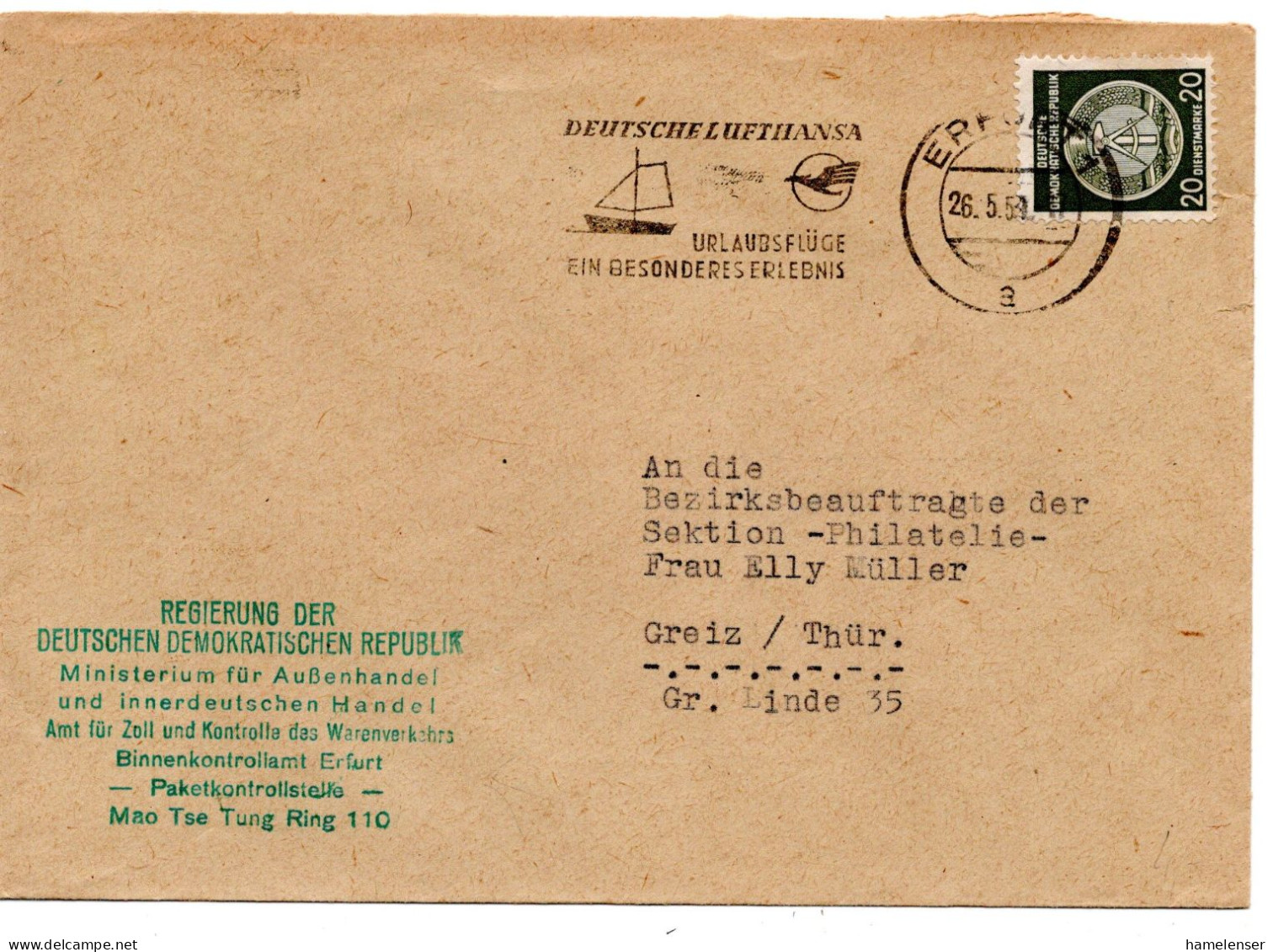 63491 - DDR - 1959 - 20Pfg Zirkel Rechts EF A Bf ERFURT - DEUTSCHE LUFTHANSA ... -> Greiz - Covers & Documents