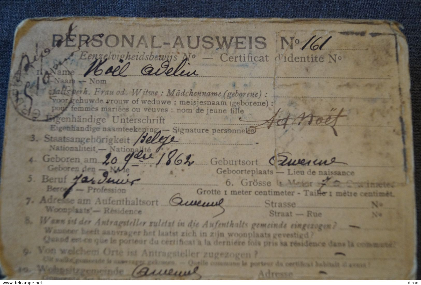 Ancienne Carte,Noël Adelain,certificat D'identité 1918 ? à Identifier, Pour Collection - Documentos Históricos