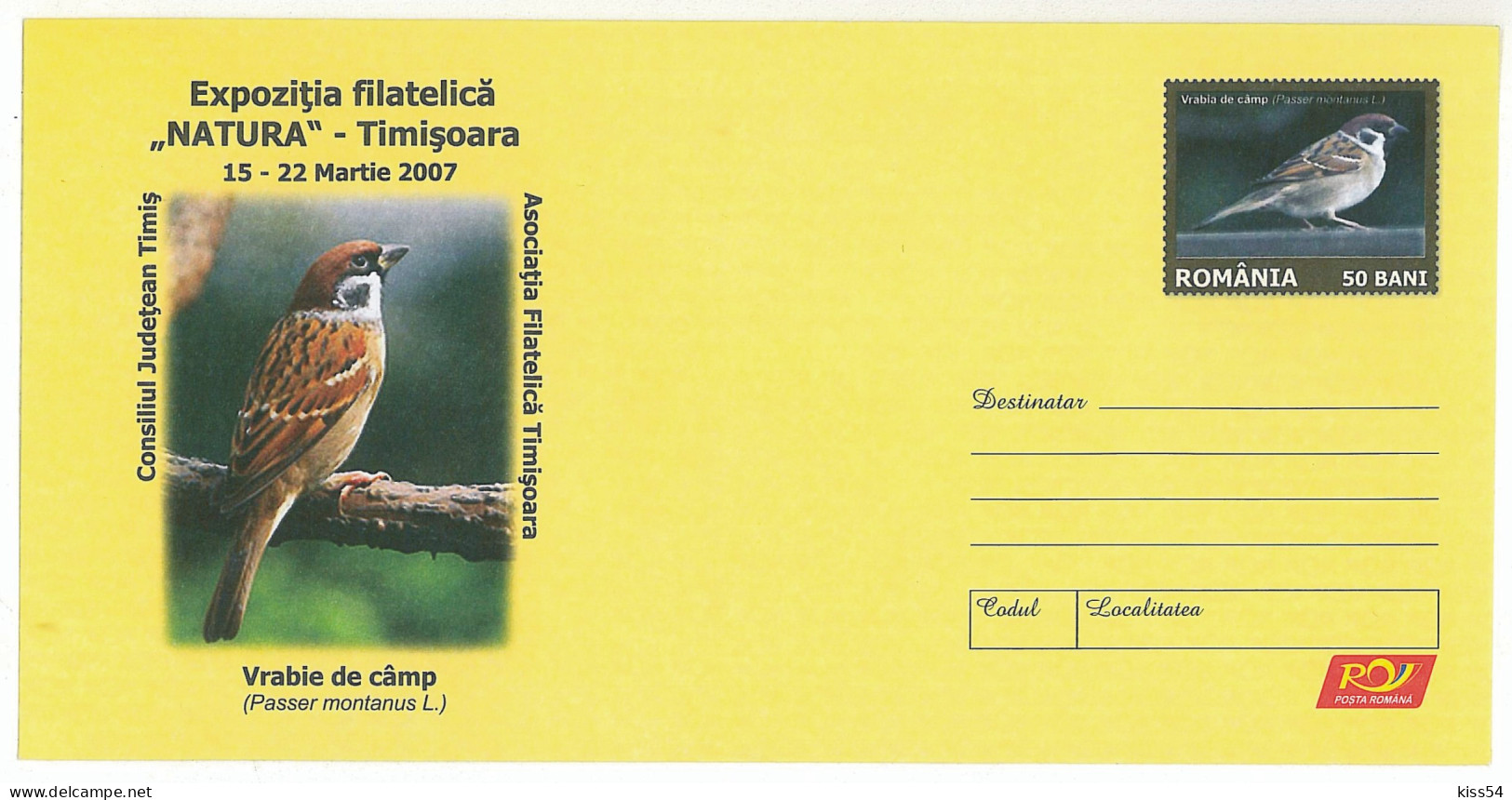 IP 2007 - 13 BIRD, Sparrow, Romania - Stationery - Unused - 2007 - Mussen