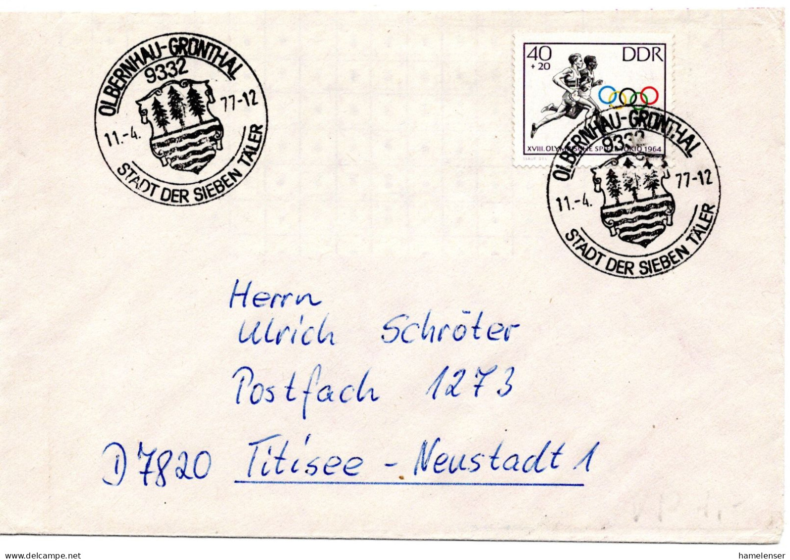 63493 - DDR - 1977 - 40Pfg Olympiade Tokyo EF A Bf OLBERNHAU - STADT DER SIEBEN TAELER ... -> Westdeutschland - Enveloppes