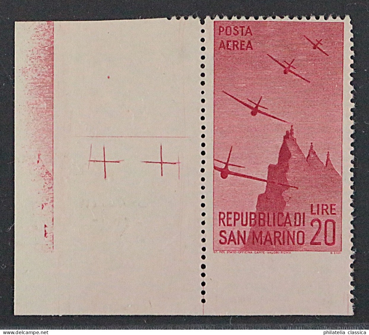 San Marino 346 Uu ** 1946, Flugpost 20 L. Unten UNGEZÄHNT, Postfrisch, 650 € - Ongebruikt