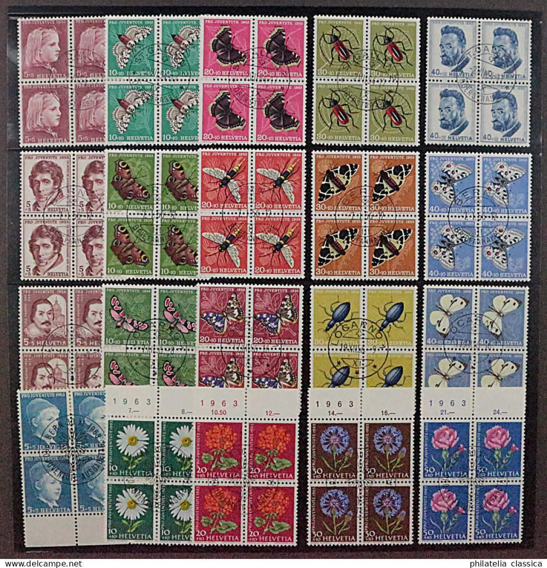 SCHWEIZ, 4 Gute VIERERBLOCK-Sätze Juventute 1953-63 ZentrumStempel, KW 240,-SFr. - Used Stamps