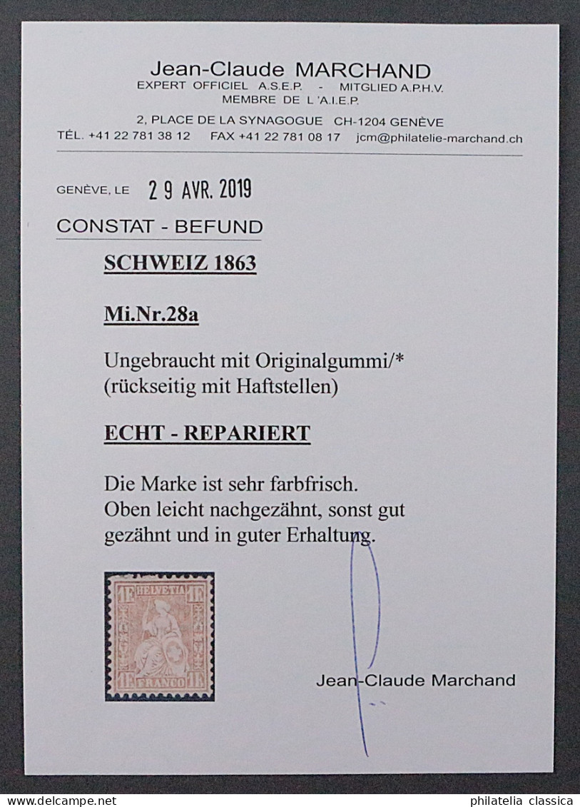 SCHWEIZ 28 A (SBK 36 A), 1 Fr. Unterdruck Rötlich, Originalgummi Geprüft 1400,-€ - Unused Stamps