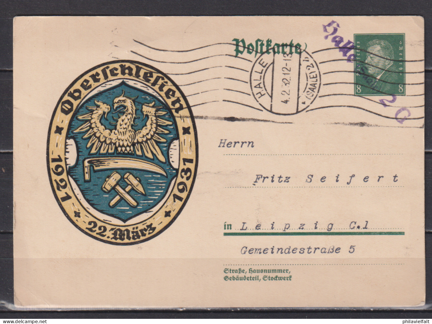 Dt.Reich P  190 Handroll-o Halle (saale) 2b/4.2.32 Und L1 Halle(Saale) 2G, Bedarf Nach Leipzig - Postcards